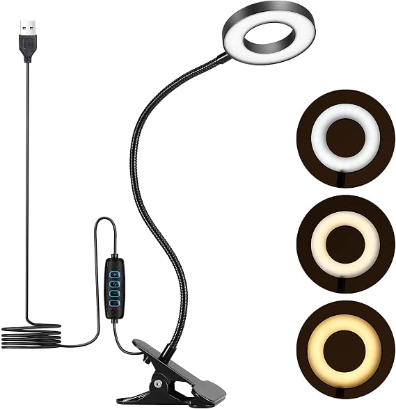 UNIFUN Clip On Reading Light, 3 Colors & 10 Dimmable Brightness, 48pcs LEDs，Flexible USB Clamp Bedside Lamp，Eye Care Clip LED Desk Lamp for Studying/Working/Reading/Gaming(Black) [Energy Class A+]