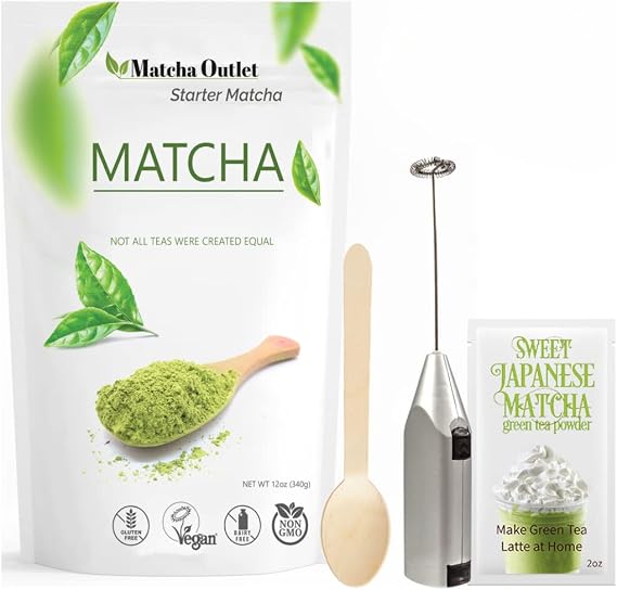 Starter Matcha 4 items set Pure Starter Matcha 12oz - Wooden Spoon - Electric Frother Sweet Japanese Matcha Sample 6g