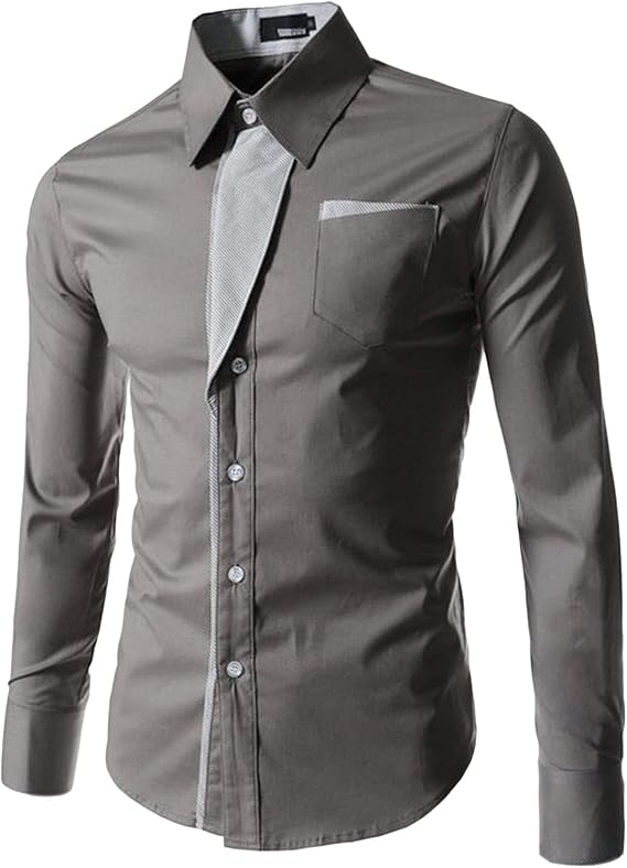 Men Fashion Contrast Striped Decorative Shirt Plaid Collar Button Shirt Casual Cotton Long Sleeve Dress Shirt (Grey,Large)