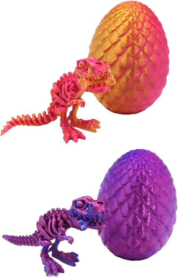 ARROMI 2PCS Dinosaur Egg, 3D Printed Dinosaur, T-Rex Skeleton Model in Egg, 2 Pack (Laser Purple, Laser Red), Dino Figure for Adults, Dinosaurs for Education and Stress Relief, Home Office Decor