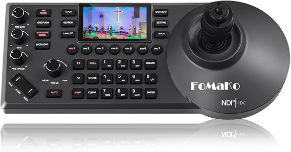 FoMaKo KC608 Pro NDI PTZ Camera Controller (Black) PoE Powered, Built-in LCD Preview, 4D Precision Joystick, NDI Technology, Ergonomic Wrist Rest Design, for Church Live Streaming & Education.