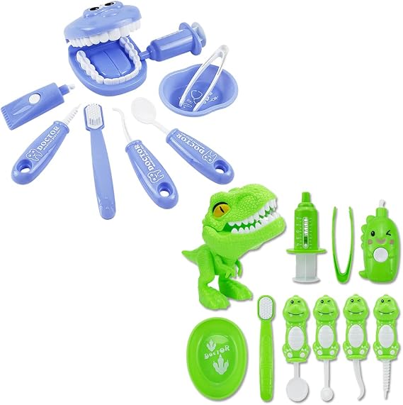 Bundle 19PCS = 9PCS Plastic Simulation Dentist Play Set (Purple) + 10PCS Plastic Dinosaur Simulation Dentist Play Set (Green)