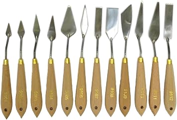 Palette Knife for Oil Painting, Metal Spatula Wood Handle (Natural 12 Piece)