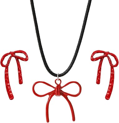 Christmas Necklace for Women Christmas Bow Jewelry Set X-Mas Gift Bow Pendant Necklaces and Red Christmas Bow Earrings Set Christmas Jewelry Gifts For Women