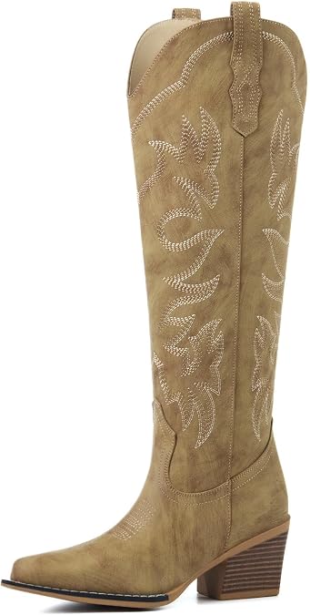 Cowboy Boots for Women Knee High Pointed Toe Chunky Heel