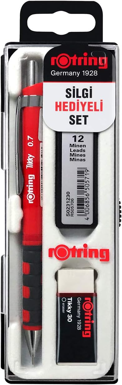 rOtring Tikky Mekanik Kurşun Kalem, Uç ve Silgi Seti, 0,7 mm Kalem, 2B Uç, Orta Boy Silgi, Kırmızı, 3'lü Set