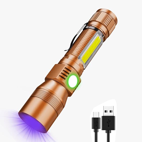 UV Flashlight Black Light, USB Rechargeable Flashlight with Magnetic Base - High Flash Light, Side Light, 7 Modes, Zoomable, Waterproof LED Torch for Mechanics Pet Urine Stains Detection, Brown(1)