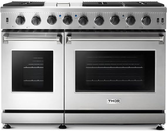 THOR Kitchen Freestanding 48-Inch Gas Range with Double Oven in Stainless Steel - Model LRG4807U