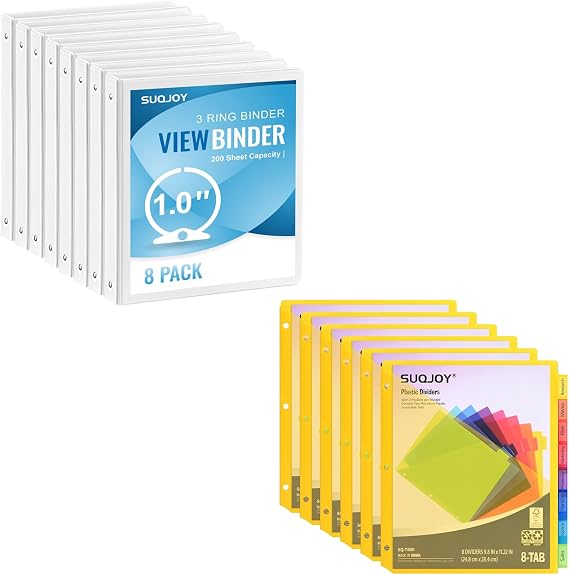 1 Inch 3 Ring Binder, 1 Round Ring Binder 8 Pack+ 8-Tab Plastic Dividers 6 Pack
