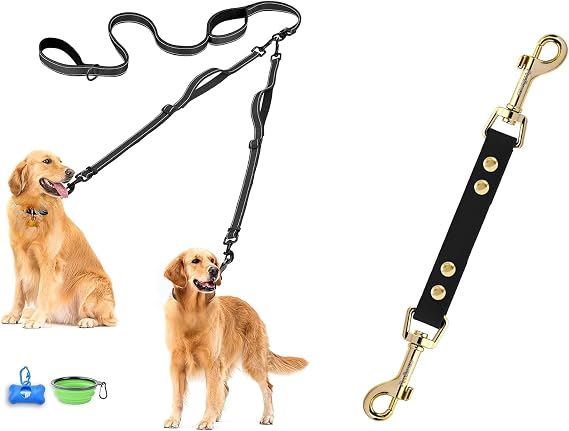 PetBonus No Tangle Double Dog Leash for Two Dogs and Waterproof Dog Collar Safety Clip