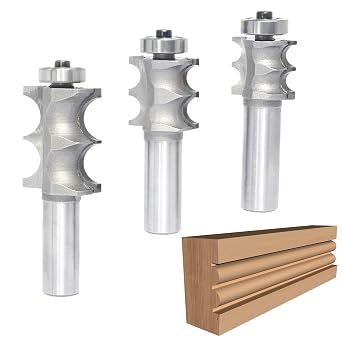 3Pcs Double Beading Router Bits 1/2" Shank,Cutting Height 3/4",7/8",1-3/8" Pair Beads,Dual Bead Columns for Furniture Molding,Perfect Edge Mould Cutter for Shelf with Ball Bearing Guided