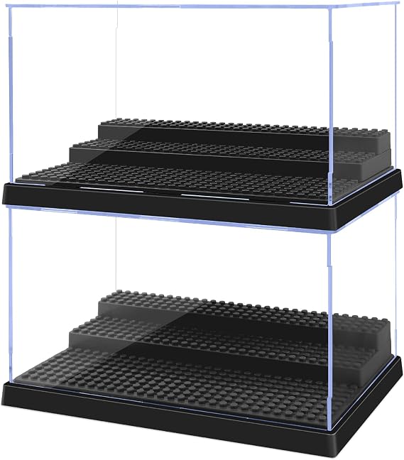 Pokiiulk Display Cases for Minifigures, 2 Mini-Figure Display Boxes Fits for Block Figures, Minifigures Cases with 3 Removable Stands Fits for 95% Minifigs, Characters, L, Black