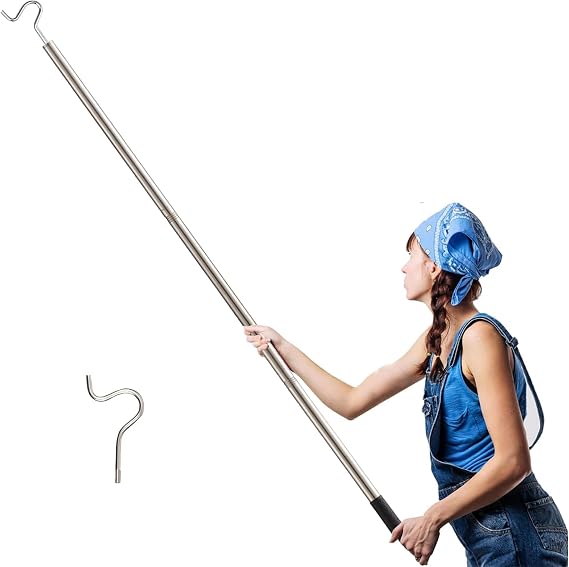 Clothes Hook Pole, High Reach Garment Rod Sturdy And Durable, Telescopic Adjustment Cloth Hooks, Steel Clothing Pole, Suitable For for Hanging Clothes Light and Plants