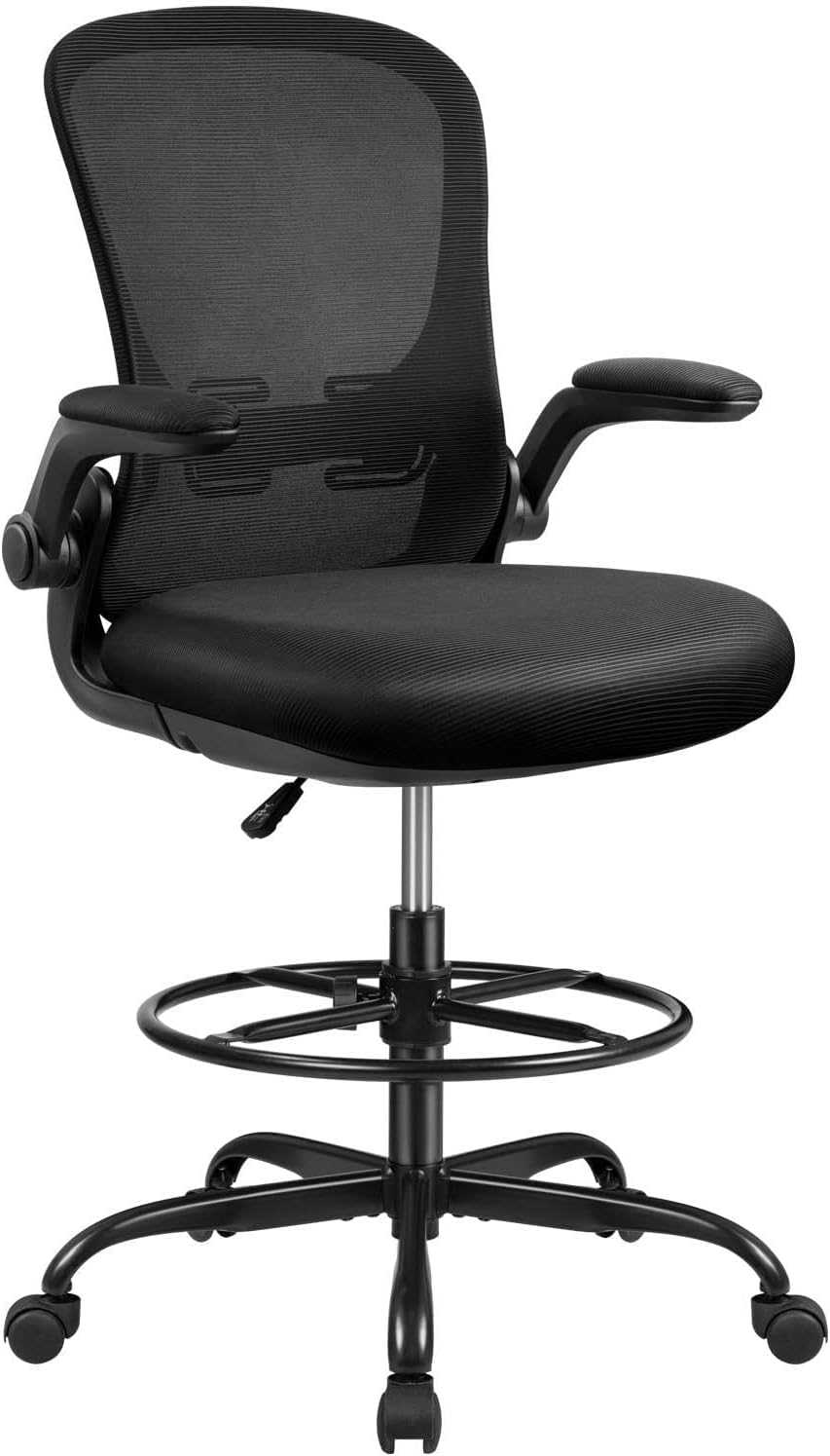 Devoko Drafting Tall Flip-up Armrests Office Desk Ergonomic Mesh Chair Lumbar Support with Adjustable Height, Black