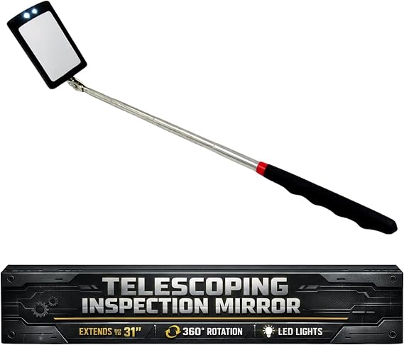 Houseables Inspection Mirror, Telescoping Mirror, Mechanic, Extendable, On A Stick, Retractable, Telescope, Telescopic, Welding, with Light, Automotive, Small, Machine Tool, Extended, Angled, Lighted