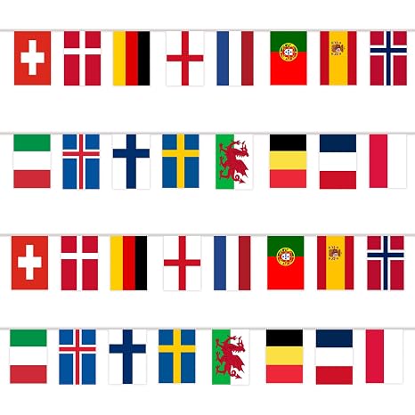 Football Party Flags Bunting, 32 Flags - 33ft/10m, Football Tournament Party Decorations, Double Sides Flags Bunting for Bar Club Garden School Decor (1 Pack)