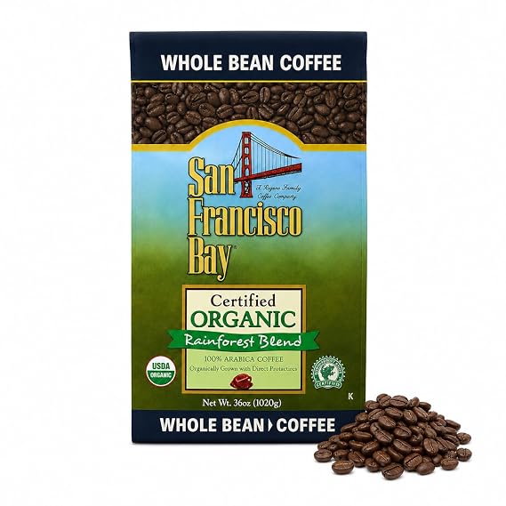 San Francisco Bay 100% Organic Coffee Rainforest Blend Whole Bean 3 Lbs | USDA Organic certified medium roast whole bean coffee sourced from four countries for lively acidity and a smooth