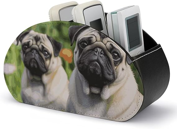 Pu Leather Remote Control Holders Waterproof TV Remote Holder with 5 Compartments Pugs in The Garden Remote Caddy Box Desktop Storage Organizers for TV Remotes/Media Controllers/Office Supplies
