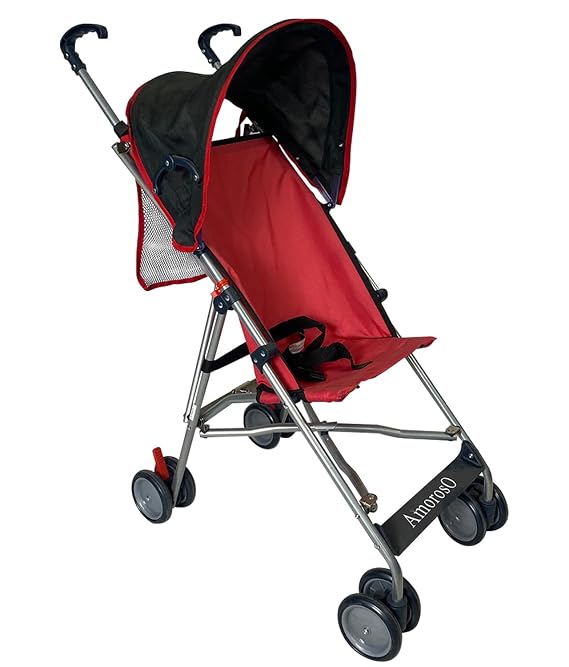 AmorosO Single Umbrella Stroller | Lightweight, Travel-Ready Stroller with EVA Wheels & Sun Protection | Red/Black
