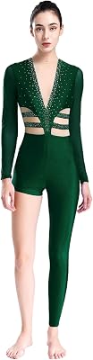 Women Shiny Rhinestones Gymnastics Bodysuit Full Body High Low Rompers Figure Skating Jumpsuit