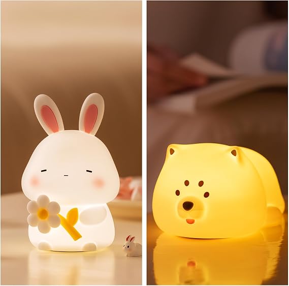 Cute Night Light for Kdis, Rabbit Lamp & Puuppy Light, Baby Nursery Nightlight, Touch Dimmable, 1200mah Battery, Kawaii Stuff Home Decor, Christmas Holiday Gift for Girl,Boy,Toddler