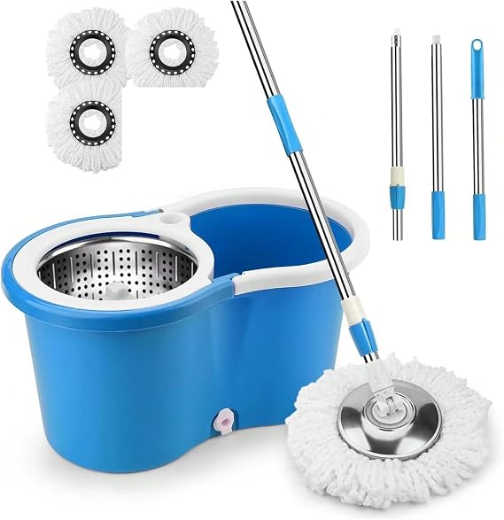 Rotating Mop 360 Spin Mop and Bucket with Soap Dispenser, 2/3 Microfiber Mop Heads, 61" Stainless Steel Handle, Floor Cleaning(Blue+3 mop cloth)