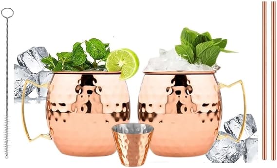 BOLD & DIVINE Copper Plated Moscow Mule Mugs Set of 2 | 18 Oz Hammered Cups with 304 Stainless Steel Lining and Gold Brass Handles | Bonus Copper Straws, Shot Glass & Cleaning Brush