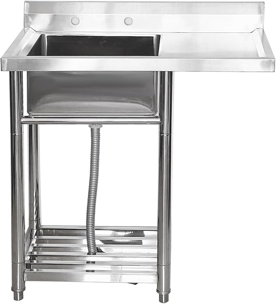304 Stainless Steel Outdoor Sink with Drain, Backsplash, Workbench, Waste Kit Restaurant Storage Shelf