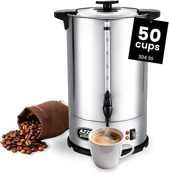 Commercial Coffee Maker 50-Cup Large Coffee Urn with Percolator Coffee Pot Electric 8L Stainless Steel Fast Brew Hot Water Dispenser for Tea Catering Events Home Office Easy Cleaning