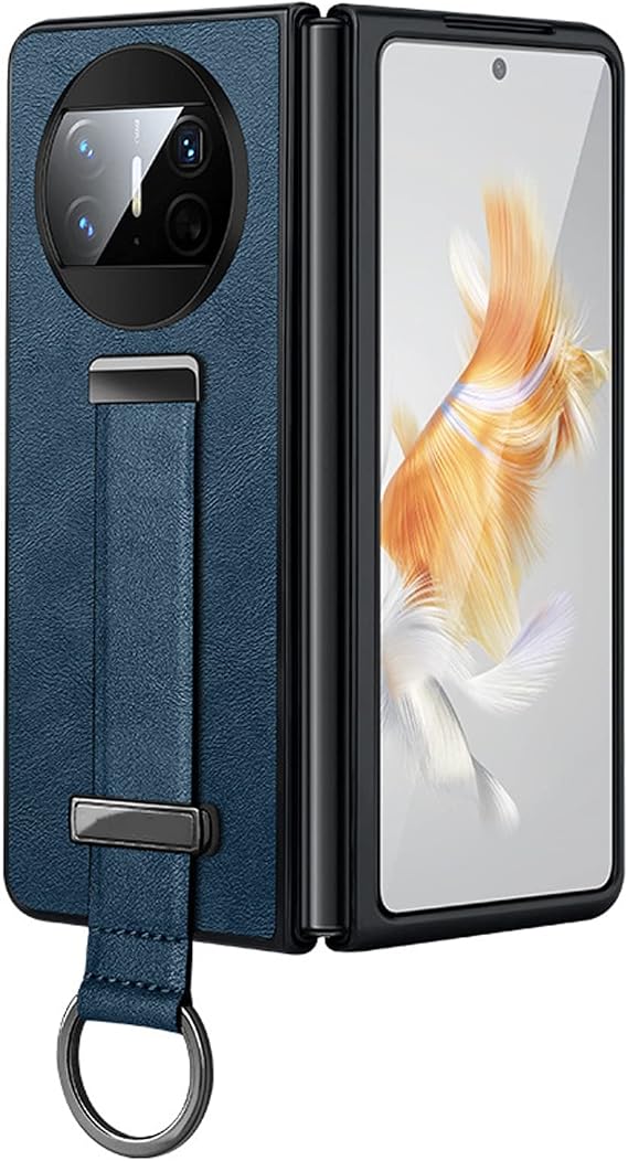 Leather Case for Huawei Mate X3, Shockproof Case Kickstand Extendable Wristlet Anti-Fingerprint Back Cover,Blue