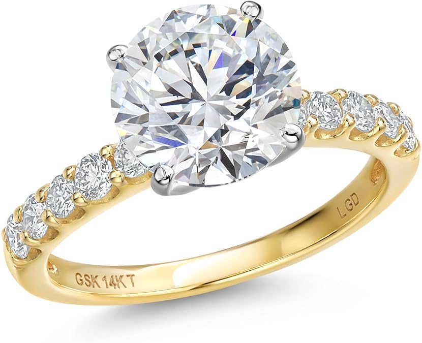 Gem Stone King 1.13 to 5.38 Cttw IGI Certified Lab Grown Diamond 2-Tone 14K White and Yellow Gold Engagement Wedding Ring for Women | Round Cut | D-E Color | VS1-VS2 Clarity