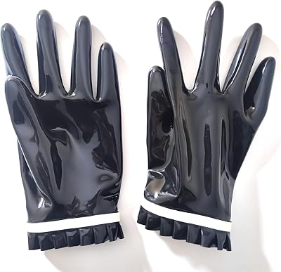 Black Latex Short Gloves with Pleated Lace Edges 0.4mm Thick Club Party Wear