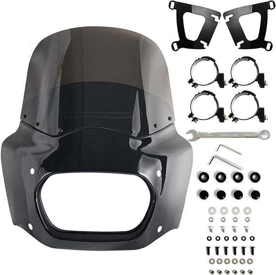 Motorcycle Fairing Windshield Kit for 18-23 Harley Softail Fat Bob | 11" Smoked Windscreen w/ Gloss Black Retro Fairing, Fits 48-58mm Forks & Rectangular Headlight Cutout