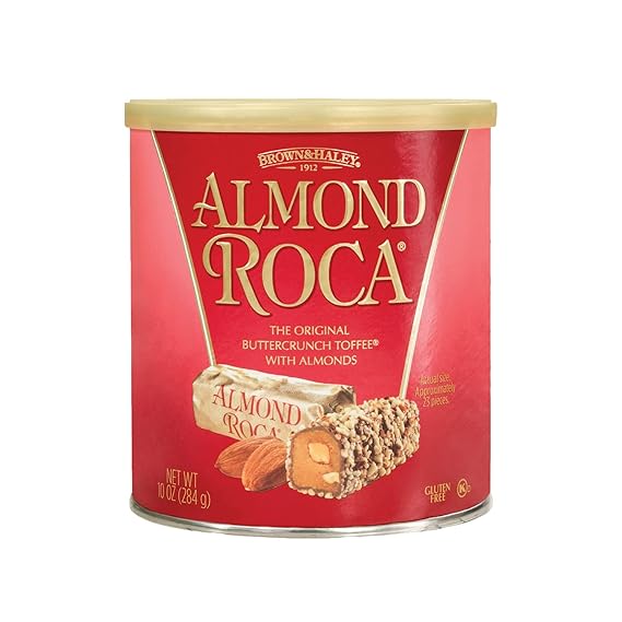 Almond Roca Pack of 1 - 10oz Individually Wrapped Chocolate Candy Cannister - Original Buttercrunch Toffee with Almonds - Gluten Free, Kosher, Chocolate | Classic Almond Buttercrunch Toffee - Individually Wrapped Chocolate Candy - Gluten Free, Kosher - Gifts and Sharing
