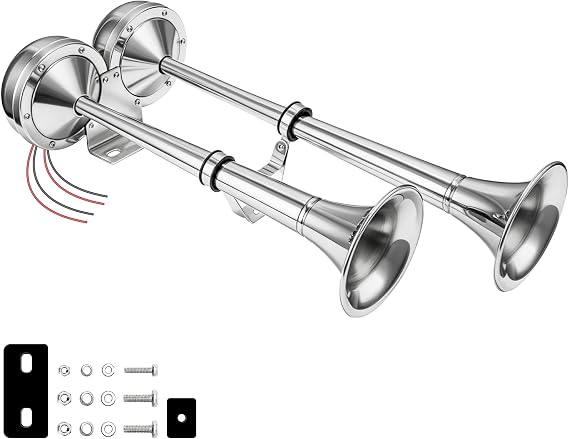12V Marine Boat horn Waterproof Stainless Steel Dual Trumpet Horn for Boats Ship Sailboat Yacht Off-Road Vehicle Truck SUV RV Vans Touring Car (silver two tone)