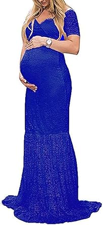 ZIUMUDY Womens Off Shoulder Short Sleeve V Neck Lace Maternity Gown Maxi Photography Dress