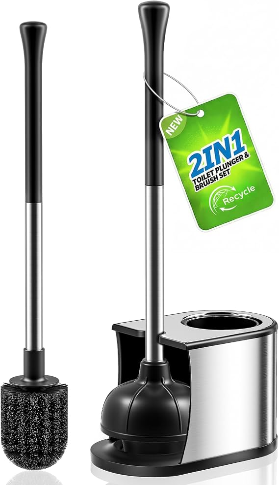 HAMITOR Toilet Plunger and Brush Set: Bathroom Powerful Cleaning Round Bristle Brush - Stainless Steel Heavy Duty Unclogging and Bowl Brush Combo - Compact Home Apartment Restroom Decor Accessories