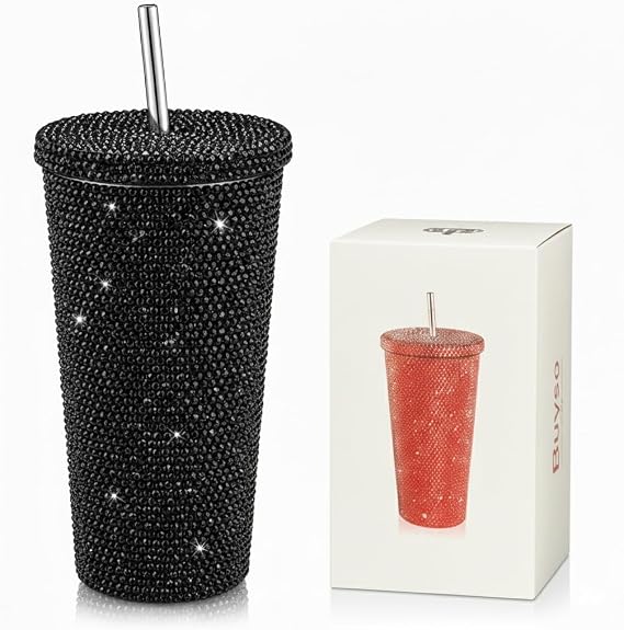 Studded Diamond Tumbler Bling Rhinestone Glitter Thermal with Lid Reusable Insulated Stainless Steel Bling Premium Vacuum Cup Aesthetic Water Bottle Gift (Black, 16.9 oz / 500 ml)