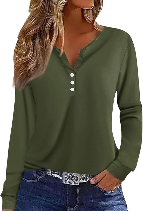Womens Fall Tops Long Sleeve Fall Tunic Tops 2026 Button V Neck Henley Floral Winter Basic Tees Pullover Blouses