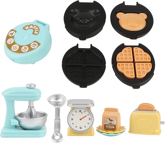 Miniature Dollhouse Kitchen Set 1:12 Decoration Waffle Maker Toaster Scale Stand Mixer Flour 10PCS Modern Mini House Furniture Accessories Kit Pretend Play (Blue)