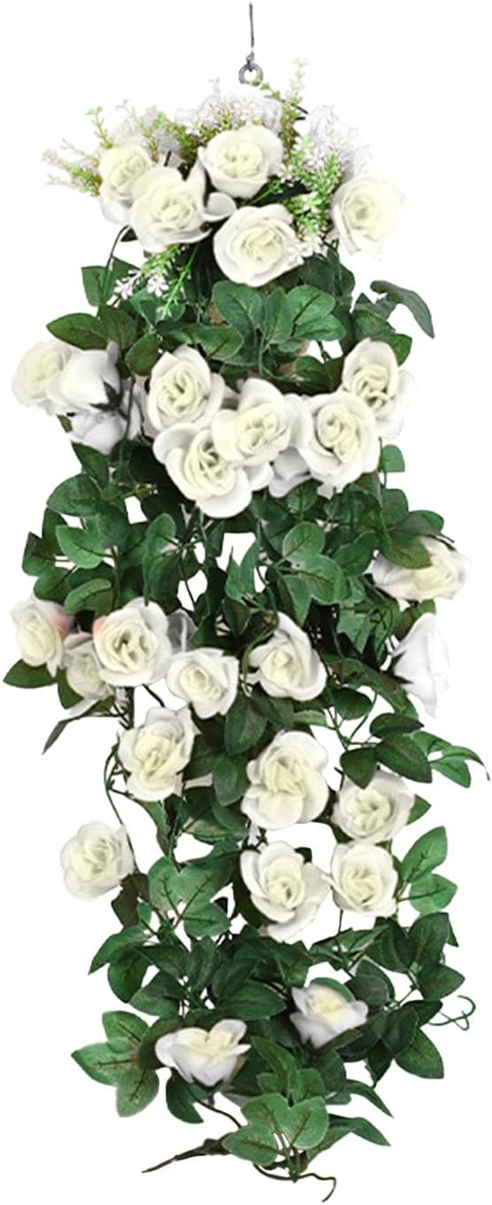 NSICBMNO White Artificial Hanging Plant Large Roses Artificial Flowers Trailing Plants Faux Violets Flowers Bouquet Hanging Vines For Garden Wall Wedding Indoor Outdoor Home Decorations