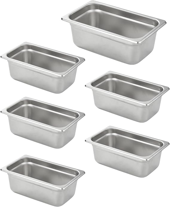 HECMAC 6 Pack Anti-Jam Hotel Pans, 1/4 Size 4 Inch Deep, Commercial Stainless Steel Chafing Steam Table Pan, Catering Storage Metal Food Pan, 23 Gauge