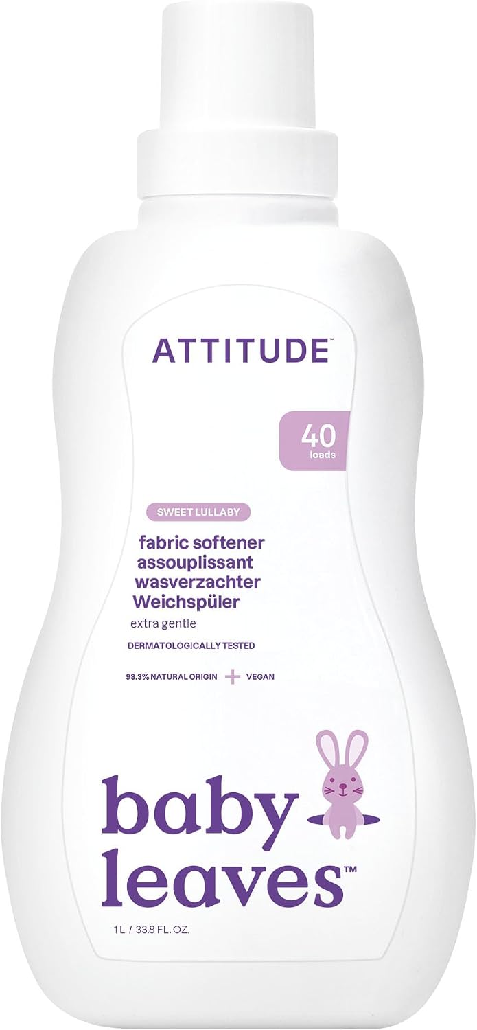 ATTITUDE Baby Fabric Softener Liquid, EWG Verified, Safe for Baby Clothes, Infant and Newborn, Vegan and Naturally Derived Washing Soap, HE Compatible, Sweet Lullaby, 40 Loads, 1.04 Liter