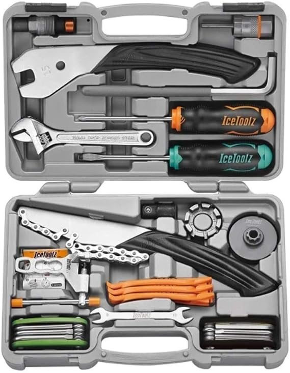 IceToolz Ultimate Tool Kit | Bicycle Repair Kit with Crank Arm Remover, Pedal Wrench, Spoke Wrench, Bottom Bracket Tool, Chain Whip & Glueless Patch Set | Grey