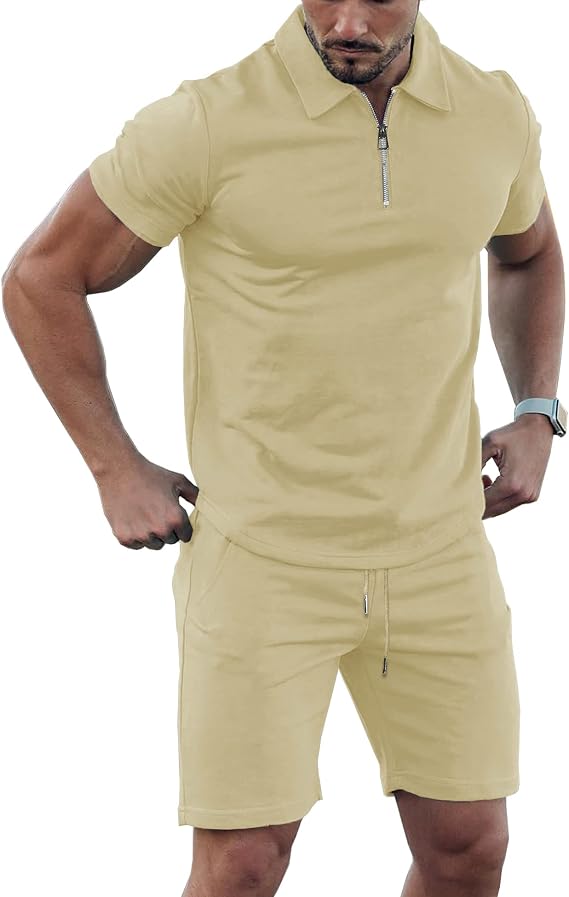 URRU Men's 2 Piece Outfits Short Sleeve Casual Polo Shirt and Shorts Set Summer Quarter Zip Tracksuit for Men S-XXL