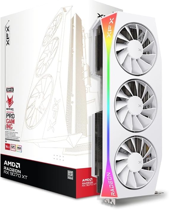 XFX Mercury AMD Radeon RX 9070XT OC Gaming White Edition with RGB 16GB GDDR6, HDMI 3xDP, RDNA 4 RX-97TRG9, Graphics Card, Compatible with Desktop PCs