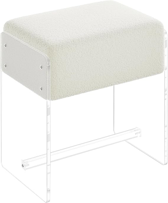 Vanity Stool Chair, Soft Ottoman with Clear Acrylic Legs, Modern Padded Seat Footstool for Entryway, Hallways, Bedrooms and Living Room (White)