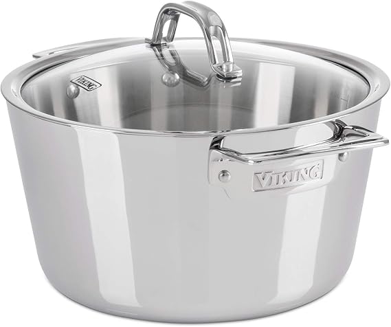Viking Contemporary 3-Ply Dutch Oven, 5.2 Quart Stainless Steel Cookware Pot with Glass Lid, Dishwasher and Oven Safe, Induction Ready, Silver