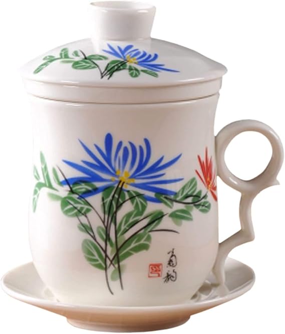 Convenient Travel Office Loose Leaf Tea Brewing System-Chinese Jingdezhen Blue and White Porcelain Tea Cup Infuser 5-Piece Set with Tea Cup Lid and Saucer (Blue Chrysanthemum)