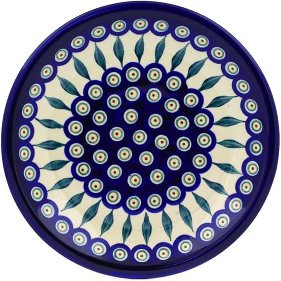 Polmedia Polish Pottery Salad Plate - Peacock Leaves Pattern Handmade in Boleslawiec Poland + Certificate of Authenticity
